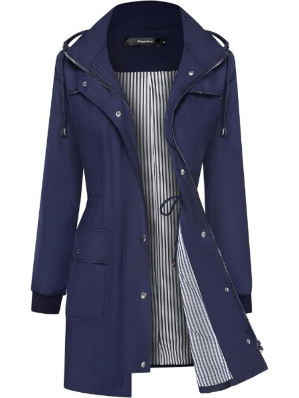 Women's Navy Blue Hooded Waterproof Striped Climbing Windbreaker Trench Rain Coa